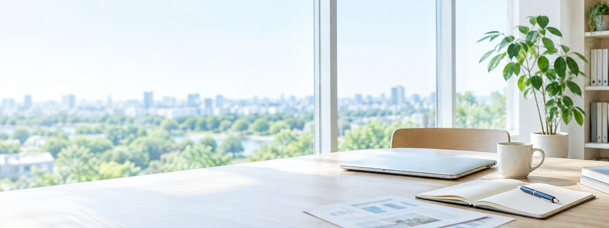 大きな窓から自然光が入る、ノートパソコンとノートの置かれた静かなワークスペース